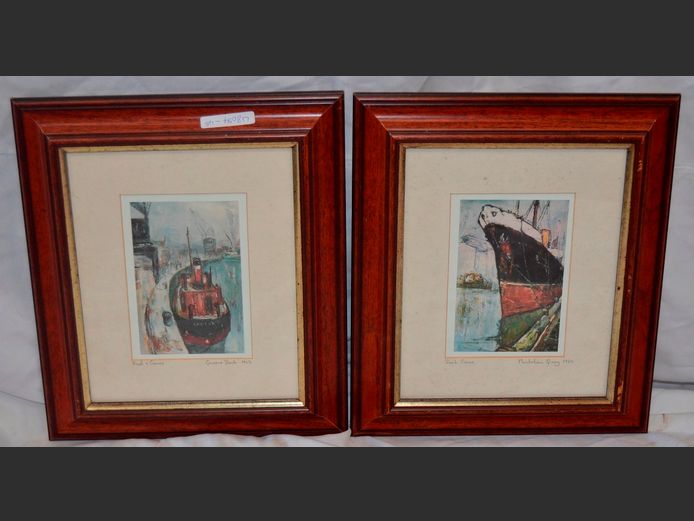 PAIR DARKWOOD & GILT FRAMED & PENCIL SIGNED SHIP PRINTS, 14.5 x 9cm