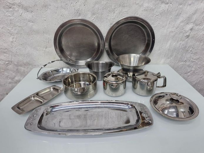 Stainless Steel Serving Platters, Bowls, Creamer & Sugar Pot Set
