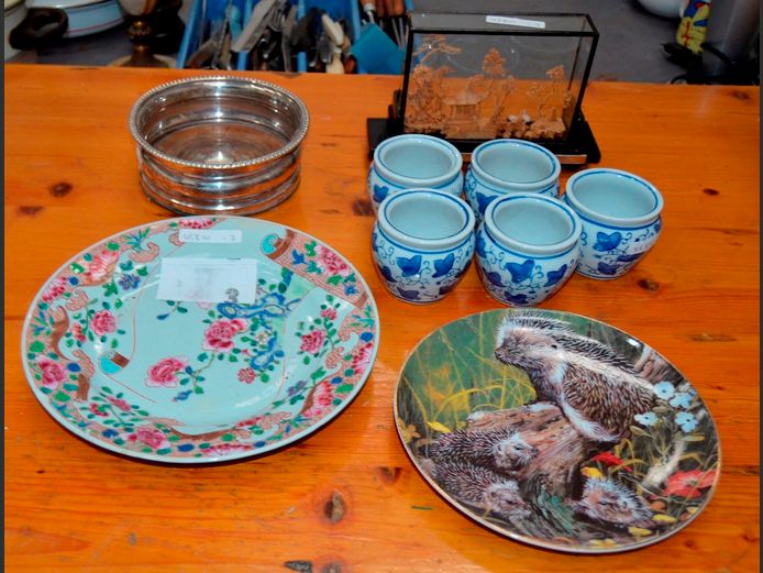 SILVER PLATE WINE BOTTLE COASTER, MINI CERAMIC PLANT POTS, DECORATIVE PLATES, etc
