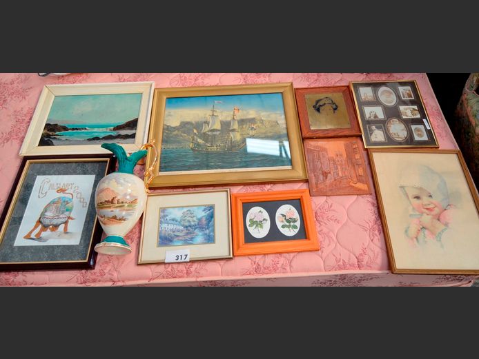PORCELAIN URN [Chip to base], WOOD CUT, FRAMED PRINTS, etc