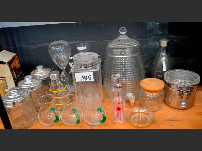 HOUR GLASS, JUICE DISPENSER, SMALL GLASS JUGS, etc