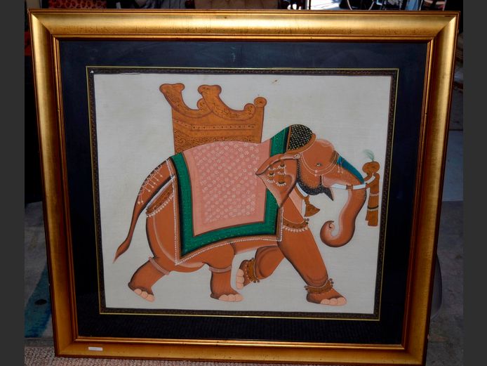GILT FRAMED MIXED MEDIA ON FABRIC "ELEPHANT", 85 x 75cm