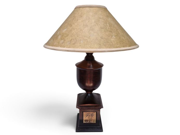 Colonial-Style Turned Solid Wood Urn Table Lamp with Botanical Palm Panel