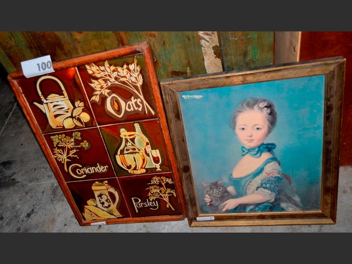 TILE WALL HANGING & A PICTURE OF A GIRL WITH A CAT, 45 x 29.5cm & 34 x 29cm