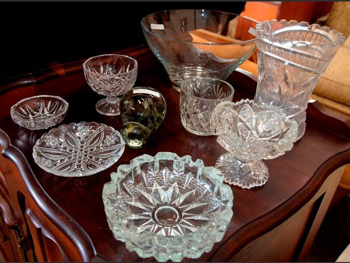 CUT GLASS SWEETS DISH, VASE, GLASS BOWL, etc