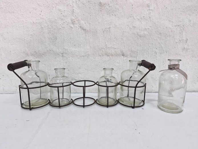 Vintage Metal Wire Caddy Rack with Glass Bud Vases