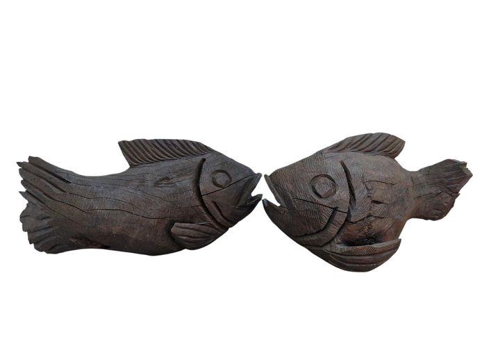 Large Pair of Hand-Carved Solid Wood Fish Sculptures