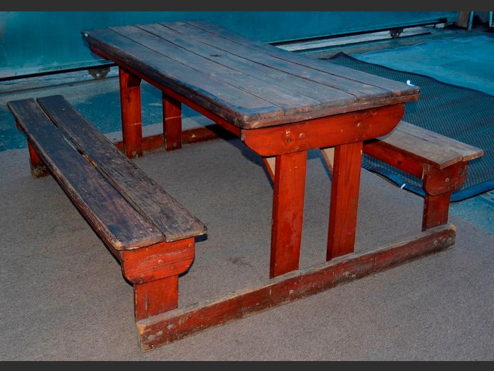 WOODEN PATIO TABLE WITH BENCHES ATTACHED [Needs some TLC]