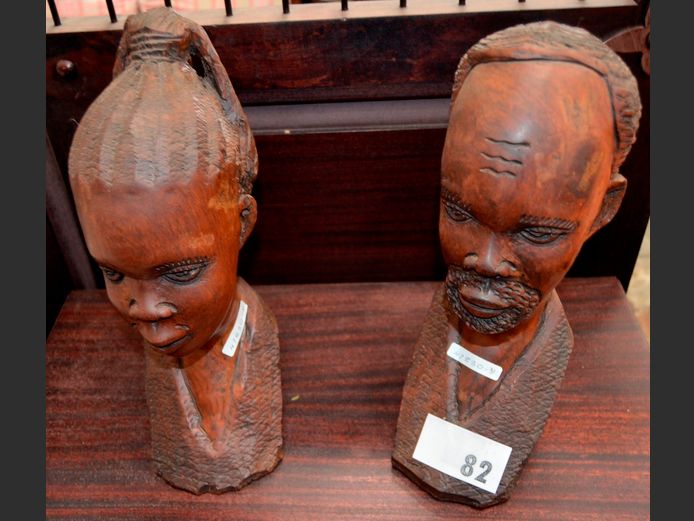 PAIR CARVED AFRICAN BUSTS OF A MAN & A WOMAN, 33cm High & 34cm High