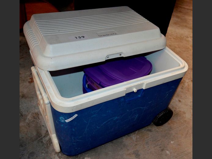 BLUE COOLER BOX, 55 x 35 x 42cm [Handle needed], & STORAGE CONTAINERS