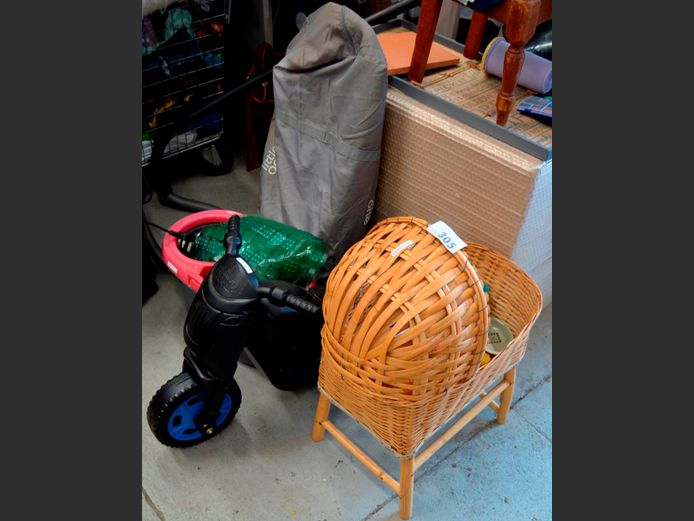 CANE & WICKER DOLL'S CRIB, BLACK PLASTIC PUSH BIKE, etc