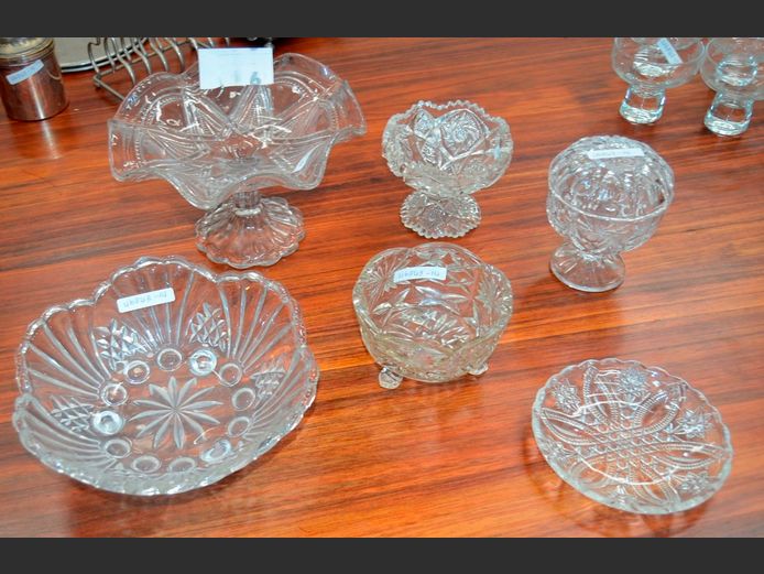 CUT GLASS: FOOTED FRUIT BOWL, BON BON DISH WITH LID, VARIOUS BOWLS, etc