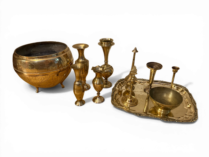 Large Brass Bowl with Assorted Brass Vases, Candlesticks & Tray