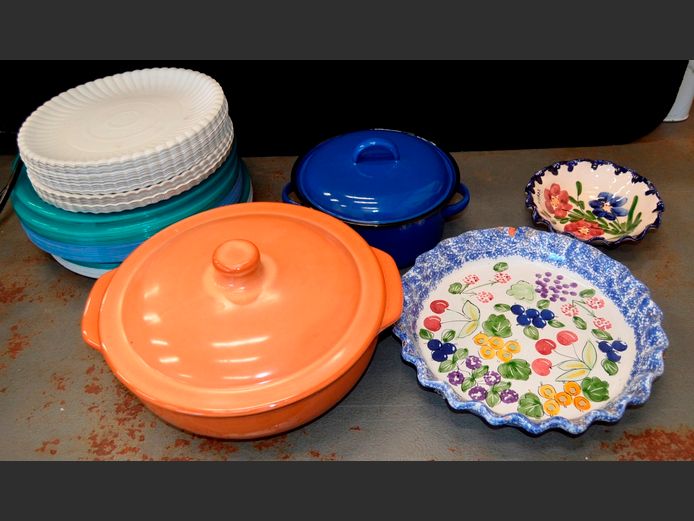 CERAMIC CASSEROLE WITH LID, ENAMEL BOWL WITH LID, ENAMEL BREAD BIN, etc