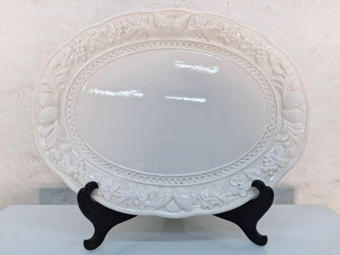 Vintage Large Japanese Ceramic Oval Serving Platter with Embossed Fruit Motif