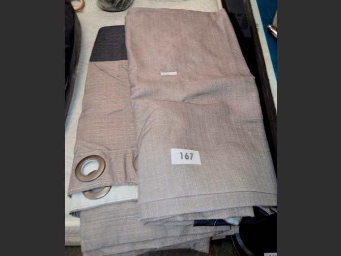 PAIR BEIGE & GREY EYELET CURTAINS