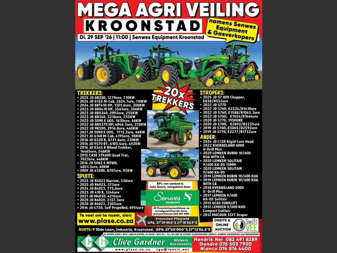 MEGA AGRI VEILING KROONSTAD NMS SENWES EQUIPMENT & GASVERKOPERS