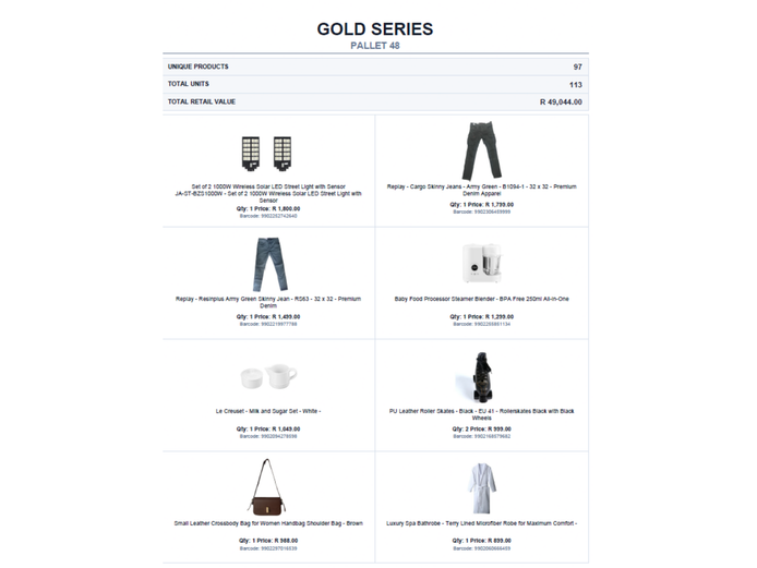 RETAIL RETURN STOCK ON PALLET TOTAL RETAIL VALUE: R49,044 .00 STC