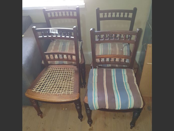 SET OF 4 EDWARDIAN STYLE SPINDLE BACK RIEMPIE SEAT DINING CHAIRS [Riempies needs replacing]