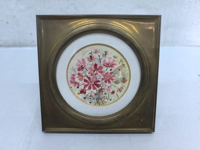 Brass Framed Miniature Floral Watercolor Signed Willie Lamprecht