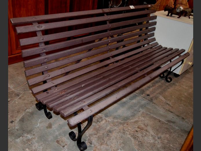 WROUGHT IRON & SLATTED WOOD GARDEN BENCH, 181cm Long