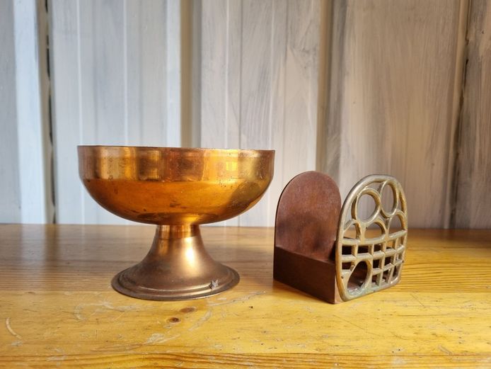 Vintage Copper Pedestal Bowl and Brass Napkin Holder