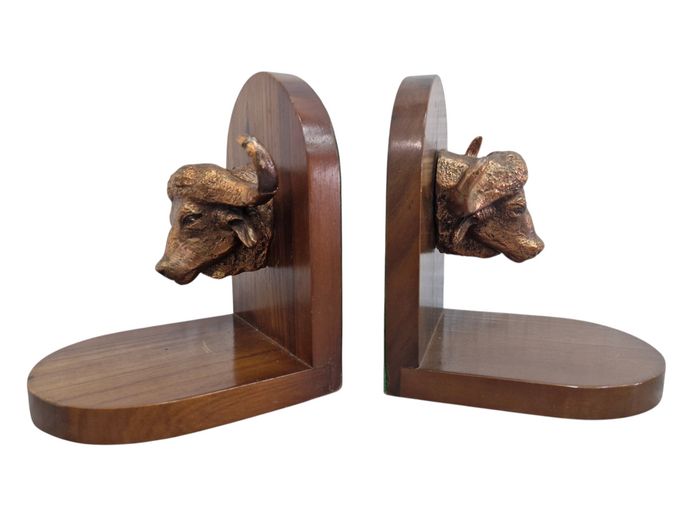 Pair of Copper Coated Buffalo Head Wooden Bookends