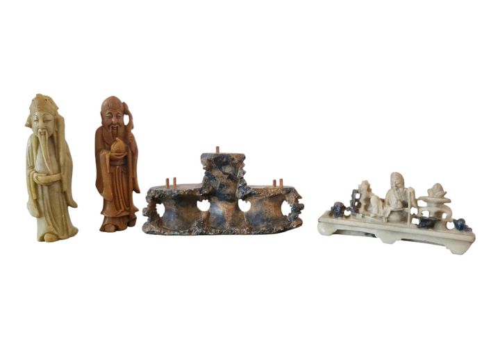 Collection of Vintage Chinese Carved Soapstone Figurines and Bases