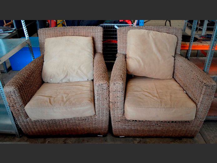 PAIR WICKER PATIO CHAIRS WITH CUSHIONS [Wicker damaged]