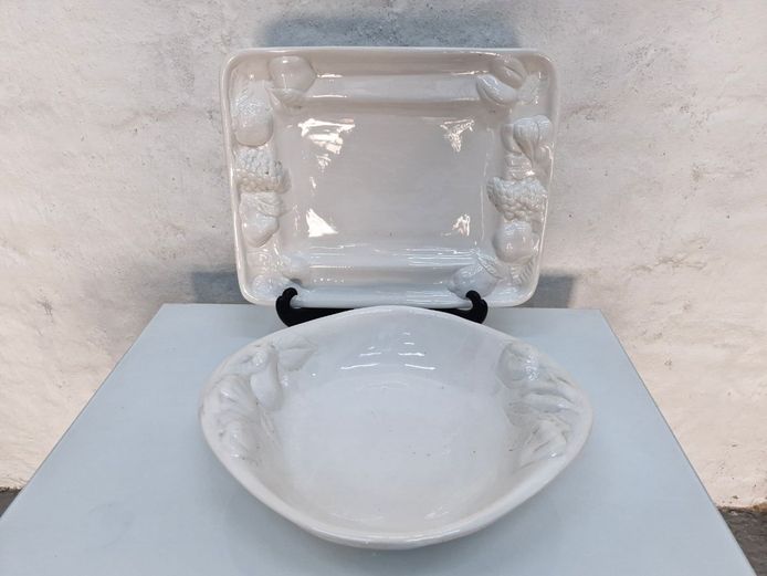 White Glazed Ceramic Serving Tray and Bowl Set with Embossed Fruit Borders