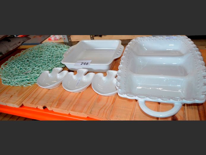 @HOME OVEN/SERVING DISH, WHITE CERAMIC SNACK PLATTER [1 Handle broken], etc