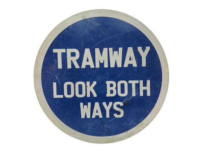Vintage "Tramway Look Both Ways" Perspex Sign