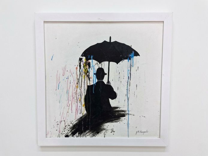 J.R. Margolis Contemporary Mixed Media Painting of Figure with Umbrella