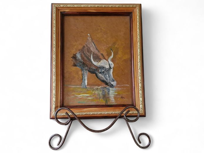 Cape Buffalo Oil Painting on Metal Table Top Easel