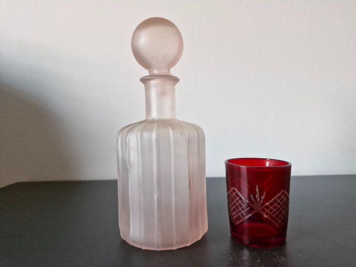 Frosted Pink Ribbed Glass Decanter & Ruby Red Cut Shot Glass
