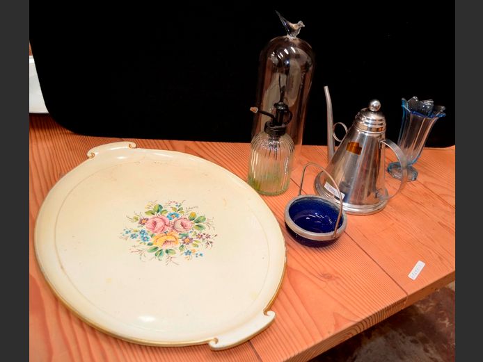 VINTAGE VEV VIGONO STAINLESS STEEL COFFEE POT, BLUE GLASS & "SILVER" MIRRORED BOWL, TRAY, etc