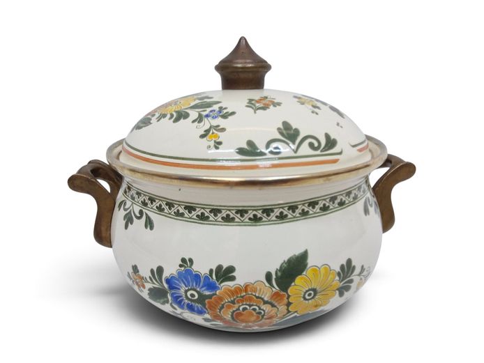 1970's ASTA German Enamelware Casserole Pot with 24K Gold-Plated Rim & Brass Handles