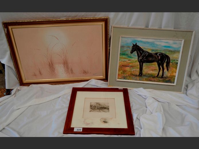 BRAAM KRUGER "LEOPARD OF THE SHADOWLANDS" & A FRAMED OIL ON BOARD "HORSES"