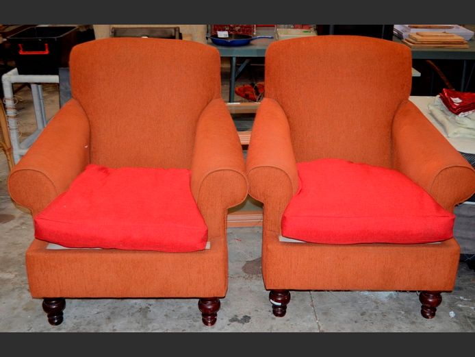 PAIR BURNT ORANGE & RED UPHOLSTERED ARMCHAIRS