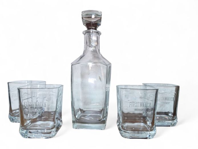 Glass Decanter and Set of 4 Whiskey Glasses