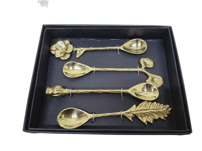 Botanical Motif Brass-Plated Demitasse Spoon Set (4 Piece)