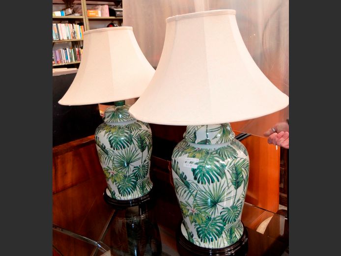 PAIR GREEN & WHITE CERAMIC TABLE LAMPS WITH SHADES, 75cm High