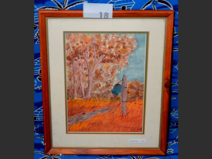 FRAMED WATERCOLOUR "BUCKET ON FENCE", 27 x 19.5cm