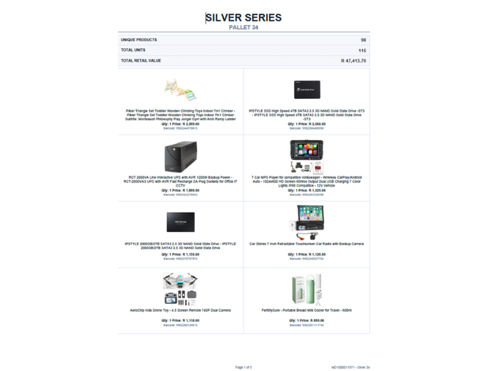 SILVER PALLET OF STOCK (NOT TESTED) TOTAL RETAIL VALUE: R 47,413.70 STC