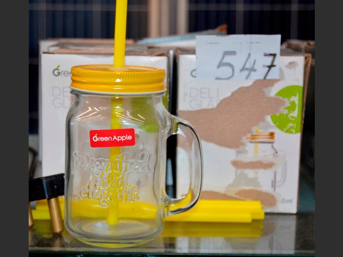 SET OF 6 GREEN APPLE GLASS JARS WITH STRAWS
