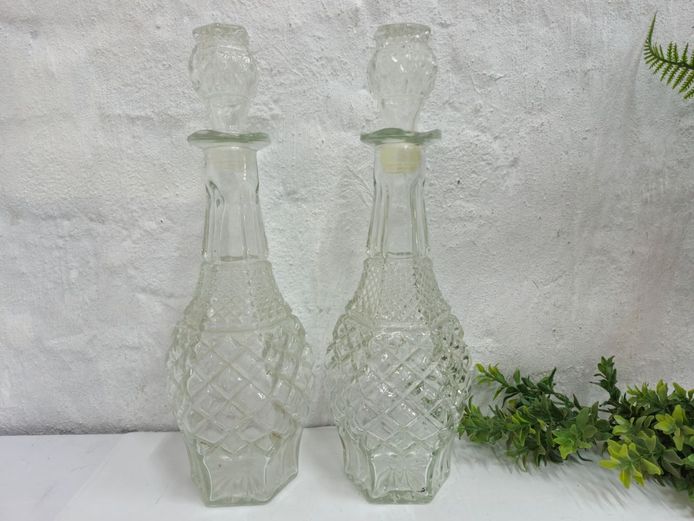 Pair of Ornate Pressed Glass Decanters with Matching Stoppers