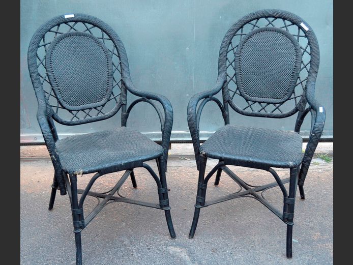 PAIR BLACK PAINTED WICKER ARMCHAIRS
