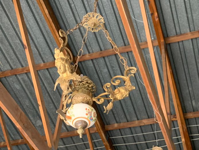 Antique French Art Nouveau Brass & Glass Chandelier 