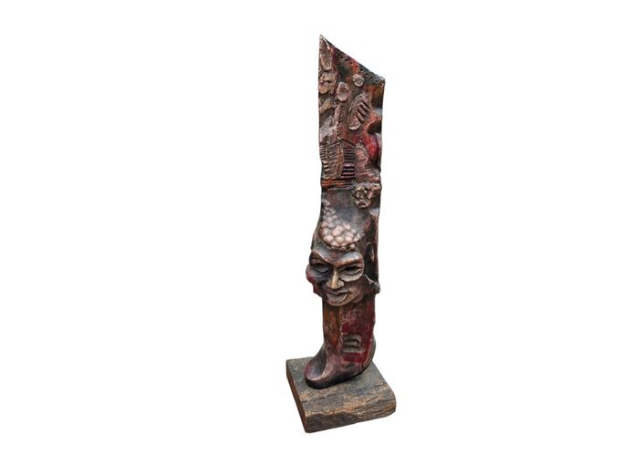Unique Tall Wooden Hand Painted & Carved Sculpture