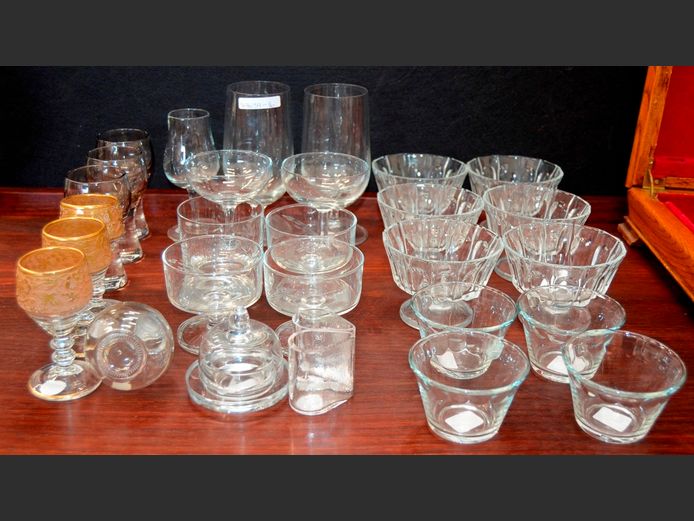 GLASS DESSERT BOWLS, SHERRY GLASSES, CHAMPAGNE COUPES, etc